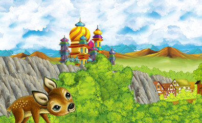 cartoon kingdom castle mountain forest farm illustration
