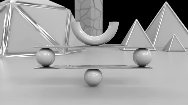 3d looped animation of perfect balance from geometric objects. Glamour design with smooth movement.