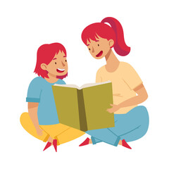 Young Woman Reading Book to Her Daughter Vector Illustration