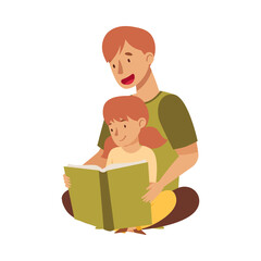 Young Male Dad Sitting with His Daughter and Reading Book Vector Illustration