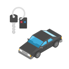 Isometric automobile and key isolated on white background. Car rental or sale concept. Vector illustration EPS 10.