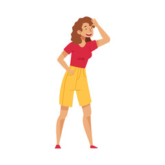 Young Woman Standing and Looking Ahead Vector Illustration