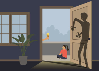 Little girl is looking at man, who gives her ice cream. Big scary dark shadow wants to hurt little girl. Dangerous situation for children. Don't speak to a stranger and pedophilia problem concept.