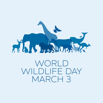World Wildlife Day Poster with blue silhouettes of wild animals icon  vector. Wild animals silhouette set. Environmental icon vector. Group of  animals icon. Wildlife Day Poster, March 3. Important day Stock Vector |
