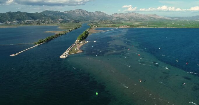 Panoramic aerial view of the Neretva delta valley river near Ploce, South Dalmatia, Croatia.