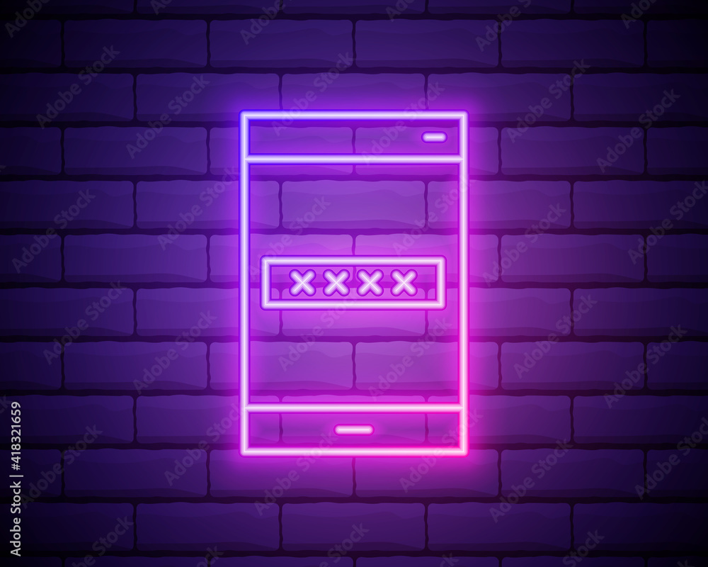 Poster glowing neon multi factor, two steps authentication icon isolated on brick wall background. vector i