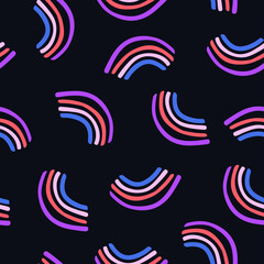 Cute hand drawn rainbow seamless pattern. Multicolor pretty design element eps. Red hot pink blue yellow dark navy blue background. Quirky lgbtq pride motif cool emo gift paper card nursery wallpaper