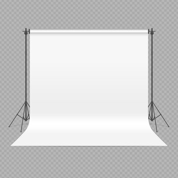 Empty photo studio concept. 3D template mock up in realistic style isolated on transparent background. Backdrop stand with white paper. Art Studio interior. Vector illustration EPS10.
