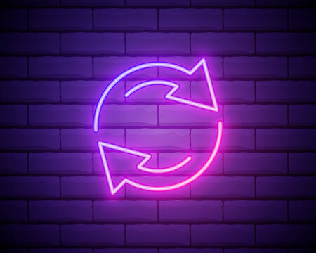 Glowing neon Refresh icon isolated on brick wall background. Reload symbol. Rotation arrows in a circle sign. Vector Illustration