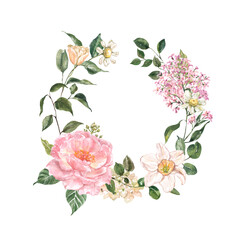 Beautiful and elegant spring floral wreath with pink, coral, white flowers and green leaves. Watercolor botanical illustration. Daffodil, tulip, peony, daisy flower and greenery graphic.