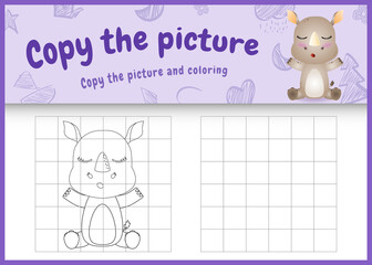 copy the picture kids game and coloring page with a cute rhino character illustration