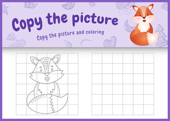 copy the picture kids game and coloring page with a cute fox character illustration