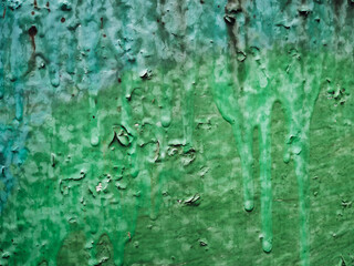 Smudges and cracks of old blue and green paint interspersed with rust. Vintage background, copy space.