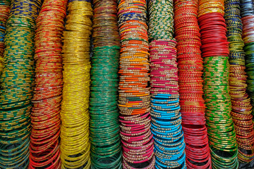 Bracelets at a market stall in Kunduli, Odisha, India.