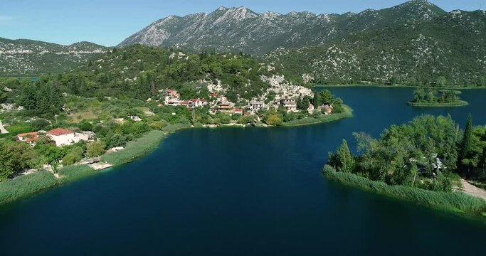 Aerial view of kitesurfing spot on the Neretva delta valley river near Ploce, South Dalmatia, Croatia.