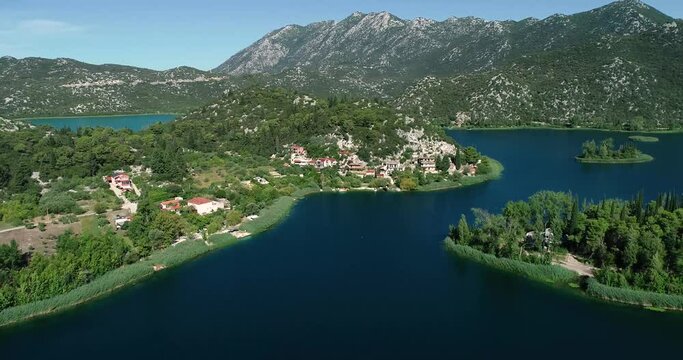 Aerial view of kitesurfing spot on the Neretva delta valley river near Ploce, South Dalmatia, Croatia.