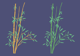 Green bamboo sticks and leaves on a dark background. Silhouette vector illustration.