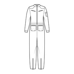 Aviator jumpsuit overall dungarees technical fashion illustration with full length, normal waist, zipper pockets, oversized. Flat apparel front, white color style. Women, men unisex CAD mockup