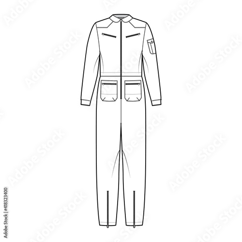Download Aviator Jumpsuit Overall Dungarees Technical Fashion Illustration With Full Length Normal Waist Zipper Pockets Oversized Flat Apparel Front White Color Style Women Men Unisex Cad Mockup Wall Mural Kateryna