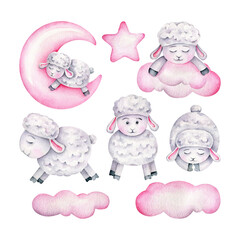 watercolor set of cute cartoon sheep.kids print
