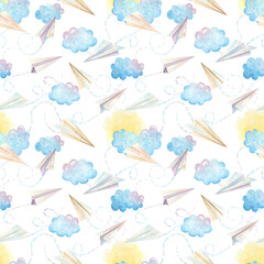Fototapeta na wymiar Hand-drawn seamless watercolor pattern. Light background with paper planes, clouds, sun for decorations, design, textiles, fabrics, wallpapers, scrapbooking, cards, wrapping paper.