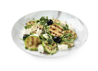 Delicious salad with grilled zucchini slices, feta cheese and olives on white background