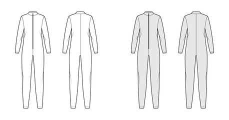 Catsuit Dungaree overall technical fashion illustration with full length, zipper closure, oversized body, long sleeves. Flat apparel front back, white, grey color style. Women, men unisex CAD mockup