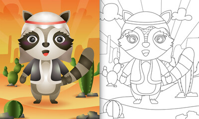 coloring book for kids themed ramadan with a cute raccoon using arabic traditional costume