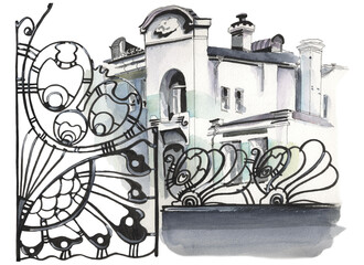 drawing ink and watercolor ancient city european modern samara architecture streets with wrought iron gates