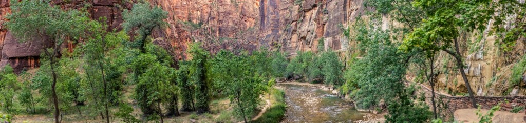 Panorama shot of stream in deep sandstone canyon in Zion national park in Utah, ameica