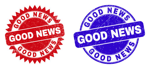 Obraz premium Round and rosette GOOD NEWS seal stamps. Flat vector distress stamps with GOOD NEWS slogan inside round and sharp rosette form, in red and blue colors. Imprints with distress surface,