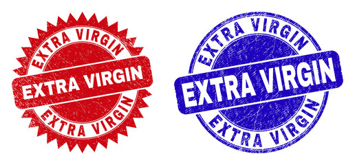 Obraz premium Round and rosette EXTRA VIRGIN watermarks. Flat vector scratched watermarks with EXTRA VIRGIN slogan inside round and sharp rosette shape, in red and blue colors. Imprints with unclean style,