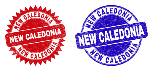 Fototapeta premium Round and rosette NEW CALEDONIA seal stamps. Flat vector scratched seal stamps with NEW CALEDONIA message inside round and sharp rosette shape, in red and blue colors. Imprints with corroded surface,