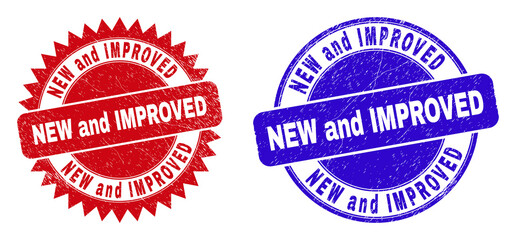 Round and rosette NEW AND IMPROVED seal stamps. Flat vector scratched seal stamps with NEW AND IMPROVED text inside round and sharp rosette shape, in red and blue colors.