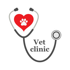 Stethoscope illustration with animal paw print symbol in heart. Veterinary medicine emblem on a white background. 
