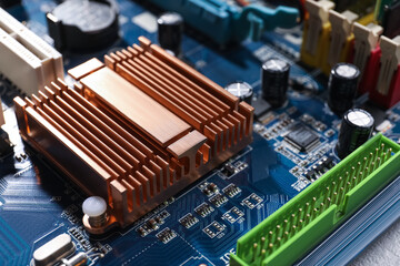 Computer motherboard as background, closeup. Electronic device