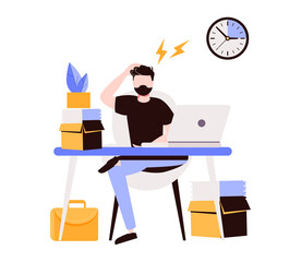 Concept of missing deadline, bad time management. Scene of tired, nervous, stressed man clutches head at work, to do list with red ticks. Flat vector cartoon illustration isolated 