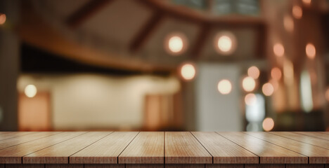 Empty wooden table top with lights bokeh on blur restaurant background.