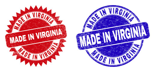 Round and rosette MADE IN VIRGINIA seal stamps. Flat vector textured seal stamps with MADE IN VIRGINIA caption inside round and sharp rosette shape, in red and blue colors.