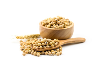 Healthy soybeans In a wooden cup On white background