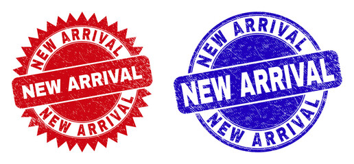 Round and rosette NEW ARRIVAL watermarks. Flat vector textured watermarks with NEW ARRIVAL caption inside round and sharp rosette form, in red and blue colors. Watermarks with corroded style,