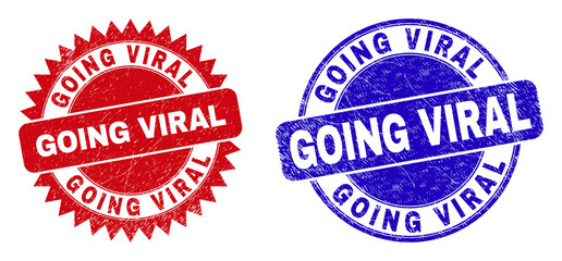 Round and rosette GOING VIRAL seal stamps. Flat vector distress seal stamps with GOING VIRAL title inside round and sharp rosette form, in red and blue colors. Imprints with unclean surface,