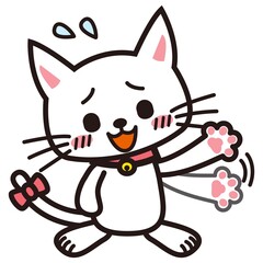 手を振って否定する白い猫