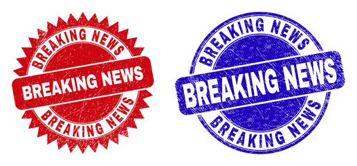 Rounded and rosette BREAKING NEWS seal stamps. Flat vector textured seal stamps with BREAKING NEWS text inside round and sharp rosette form, in red and blue colors. Imprints with corroded style,
