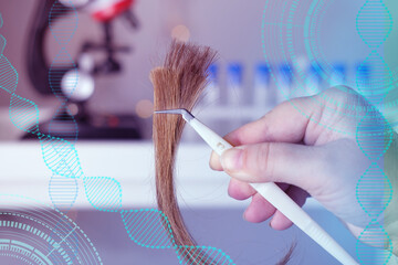 scientists study sample, trichologist conduct study, laboratory assistant examines, curls for research by genetic research in laboratory, concept of DNA analysis, establishing paternity, health