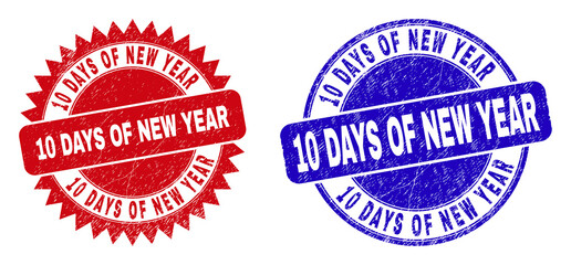 Round and rosette 10 DAYS OF NEW YEAR watermarks. Flat vector scratched watermarks with 10 DAYS OF NEW YEAR caption inside round and sharp rosette shape, in red and blue colors.