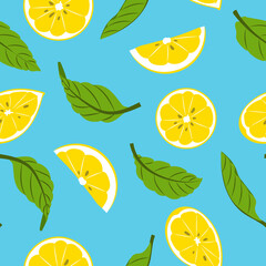 Seamless pattern with fresh lemons and green leaves. Modern design for wrapping paper or textile. Flat vector illustration.