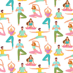 Seamless pattern with people in different yoga position. Physical and spiritual practice. The concept of yoga, meditation and relax. Health benefits for the body and mind. Vector illustration.