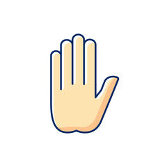 Stop gesture RGB color icon. Prohibition of something. Palm of a hand with five fingers. Strict ban on certain action. Gesturing. Improving ability to explain. Isolated vector illustration