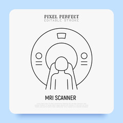 Human in MRI scanner thin line icon. Medical equipment for oncology detection. Pixel perfect, editable stroke. Vector illustration.